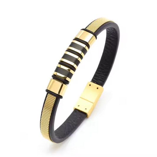 New Design 18K Gold Plated Stainless Steel Charm Professional Men'S Customised Jewelry Microfiber Leather Bracelet