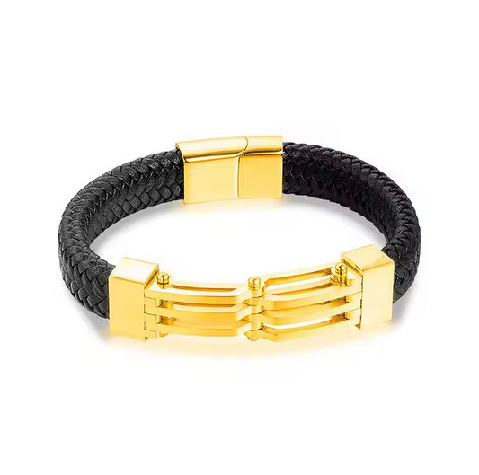 Custom Wholesale Gold Plated Fashion Jewelry Braided Genuine Leather Bracelet for Men