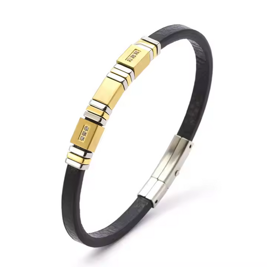 Custom Wholesale 18K Gold Plated Stainless Steel Famous Male Microfiber Leather Bracelet